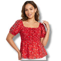 No Boundaries Juniors red bandanna print front twist Smocked short sleeves top