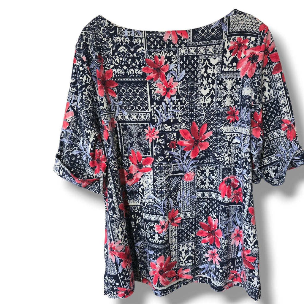 Karen Scott women's Navy & Pink Patchwork Floral Boat Neck Top – Size XL