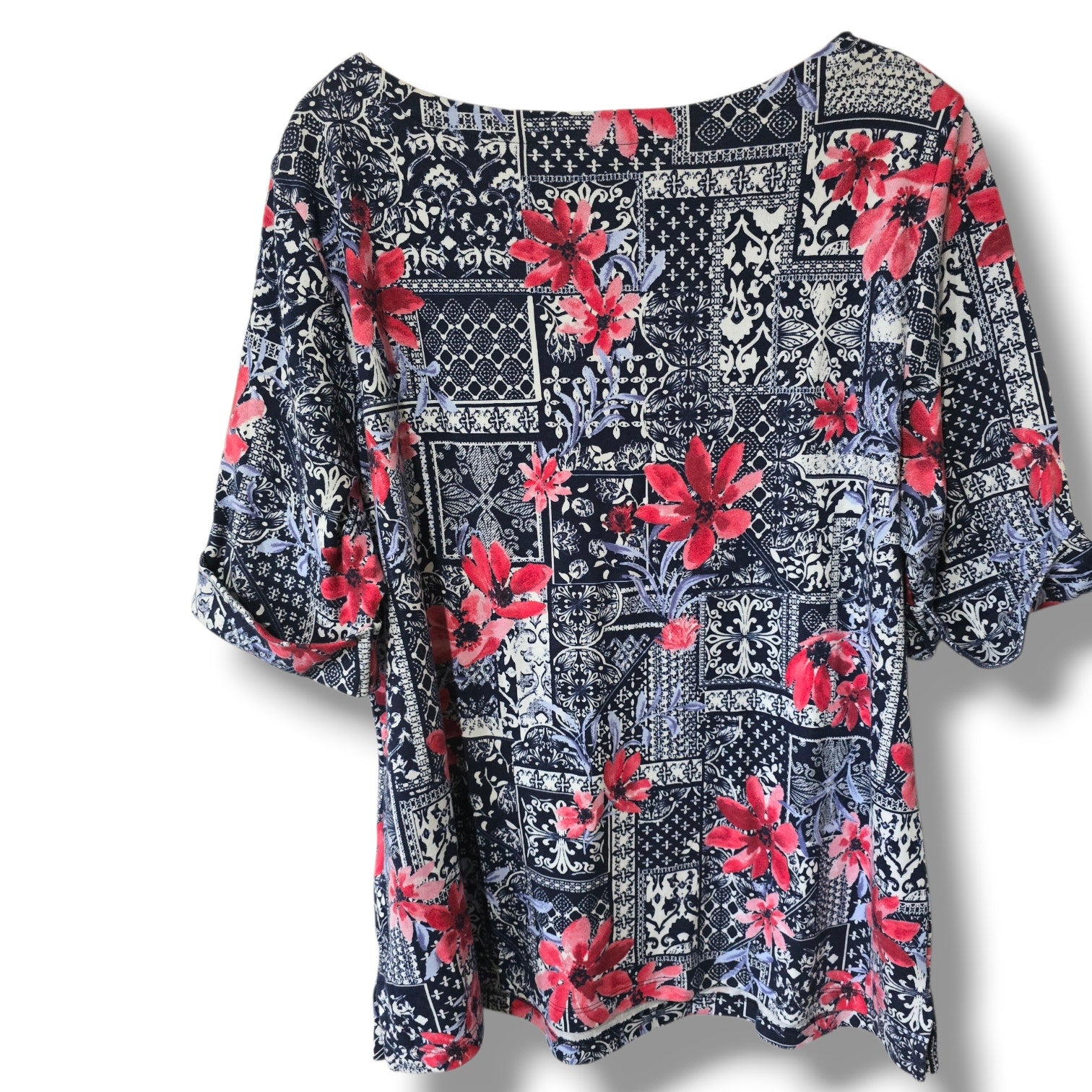 Karen Scott women's Navy & Pink Patchwork Floral Boat Neck Top – Size XL