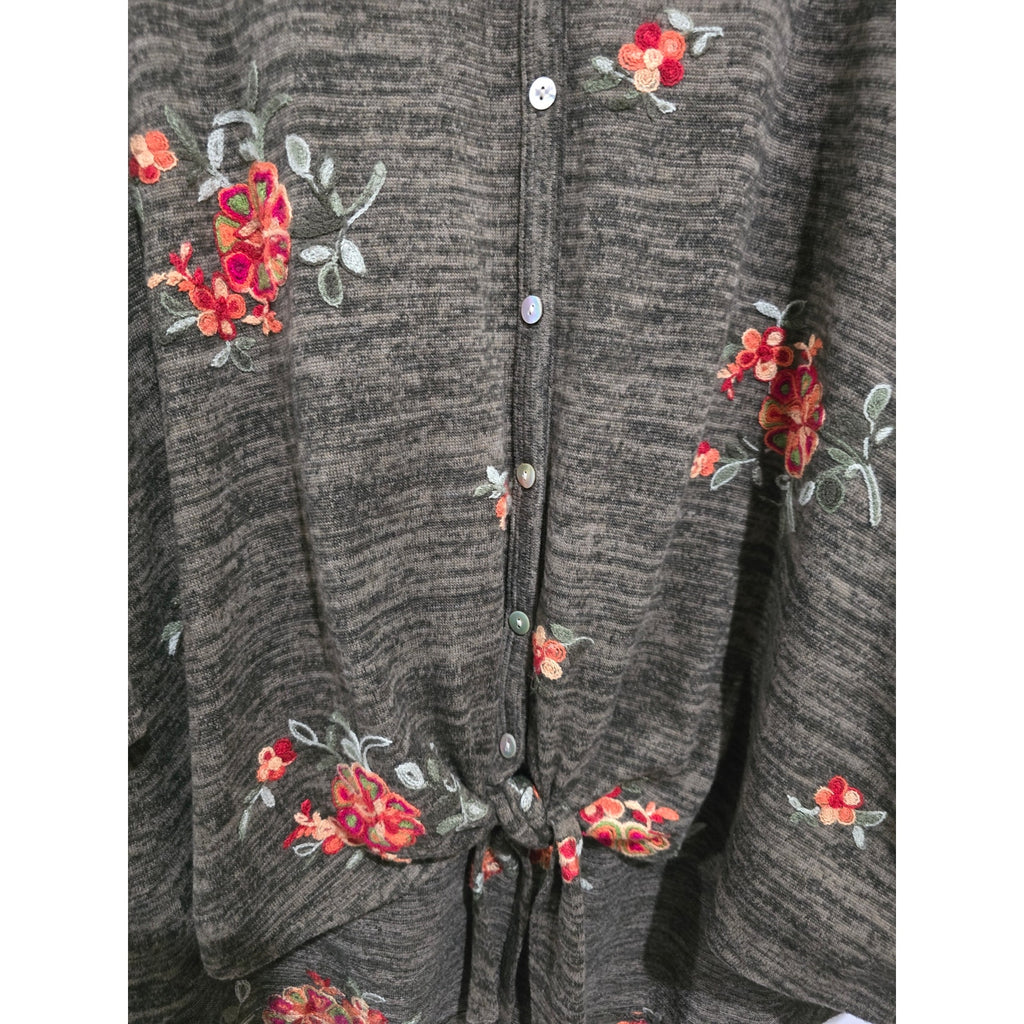 Fig & Flower women's Olive Heather Floral Embroidered Tie-Front top