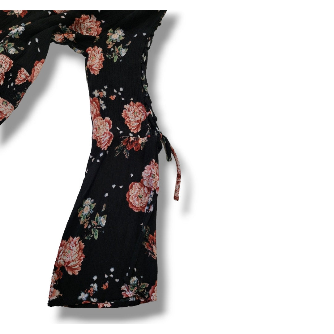 American Rag Cie Juniors Black Floral Lace-Up Bell Sleeve Dress – Size Small