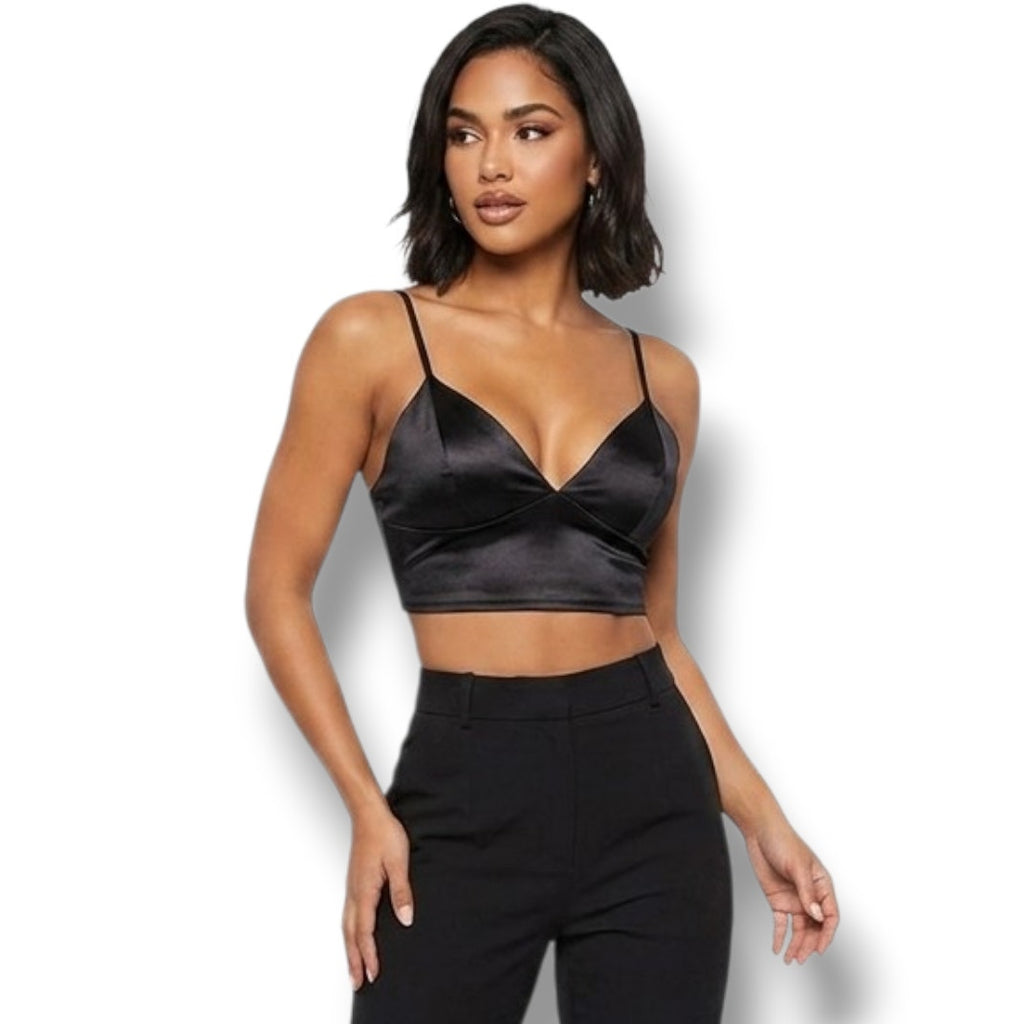 Shein Prive Women’s Black Satin Longline Bralette Top – Size Small