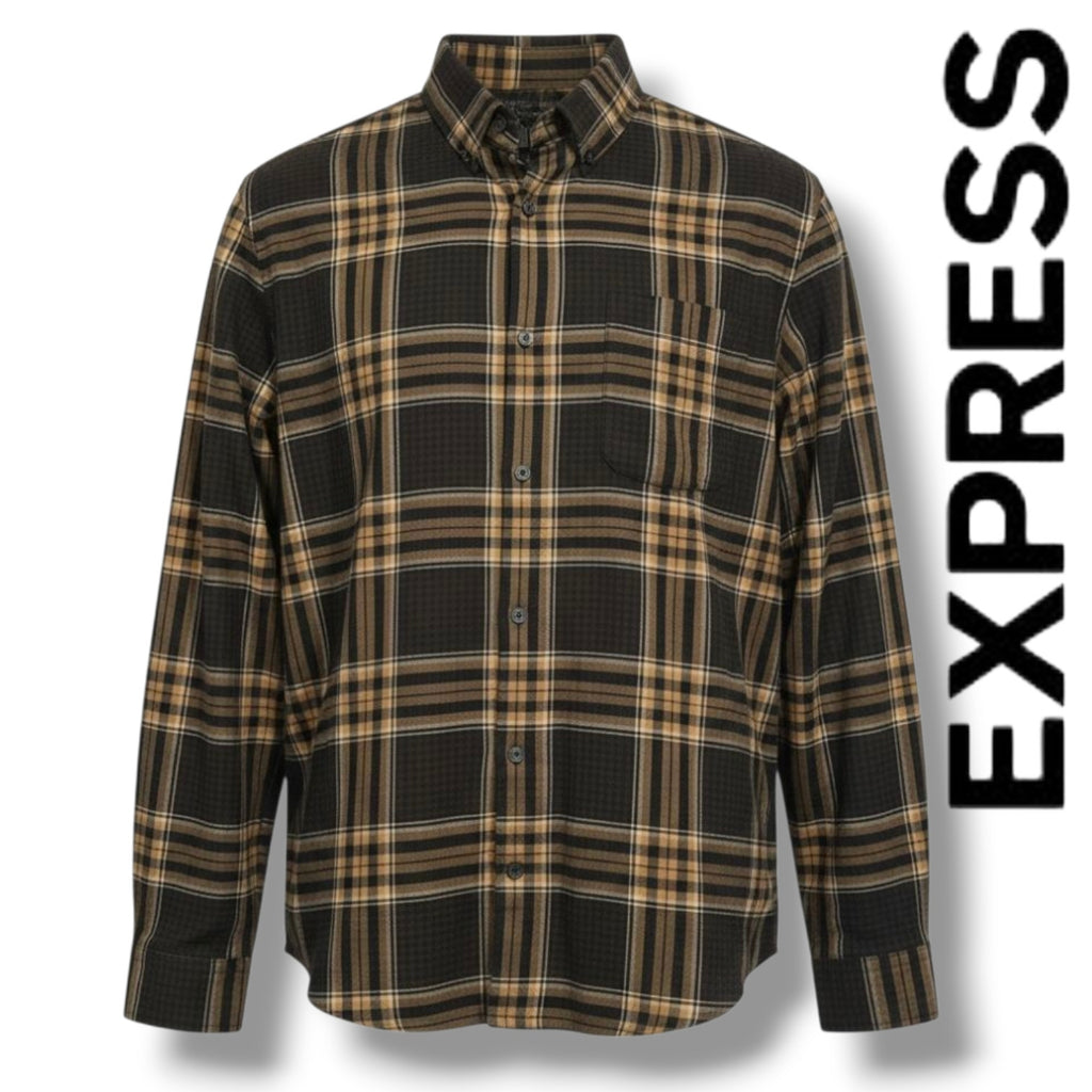 Express Men’s Brown & Black Plaid Button-Down Shirt – Size Large