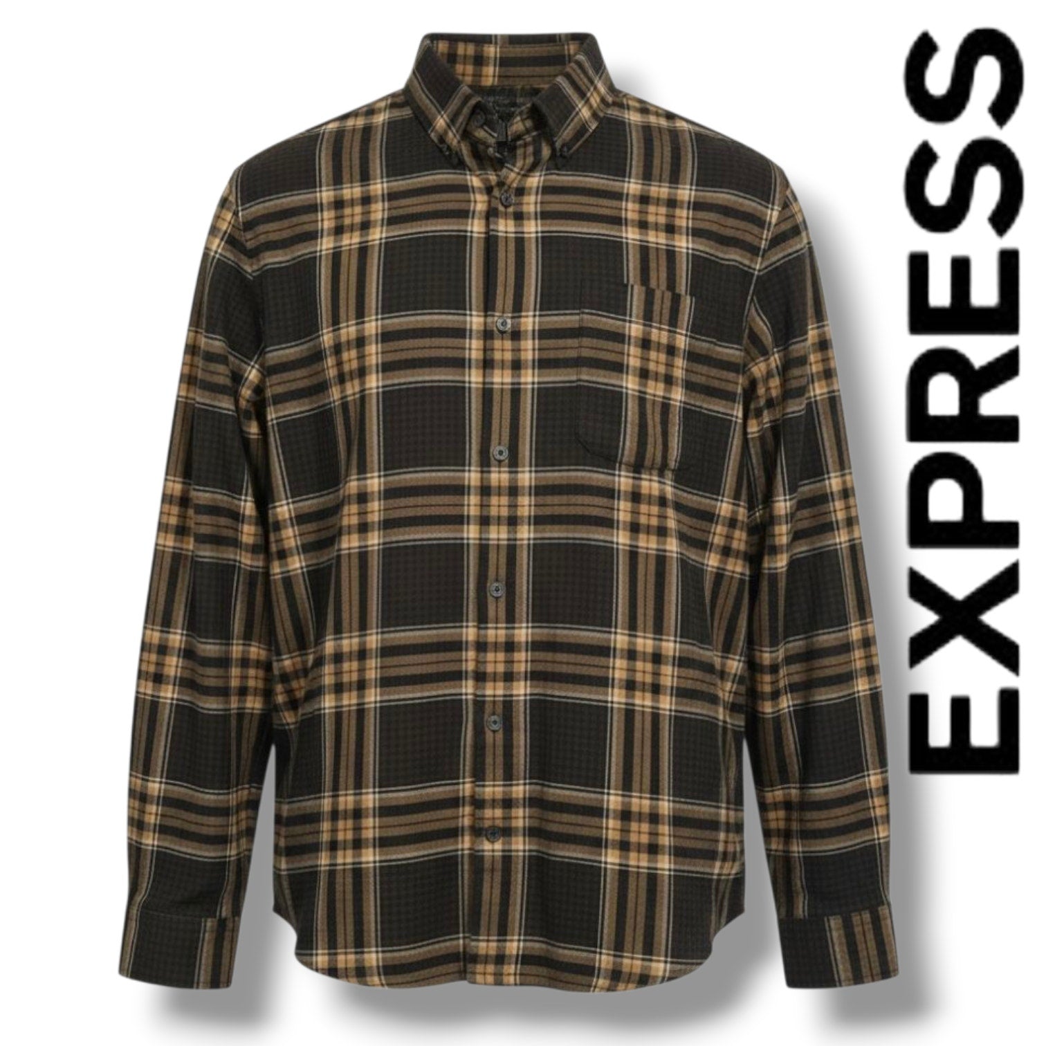 Express Men’s Brown & Black Plaid Button-Down Shirt – Size Large