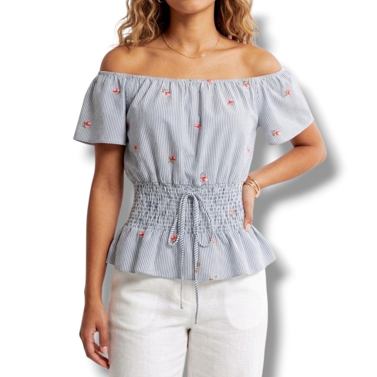 Kontrol Contemporary women's embroidery Roses & smocked tie- up waist blouse