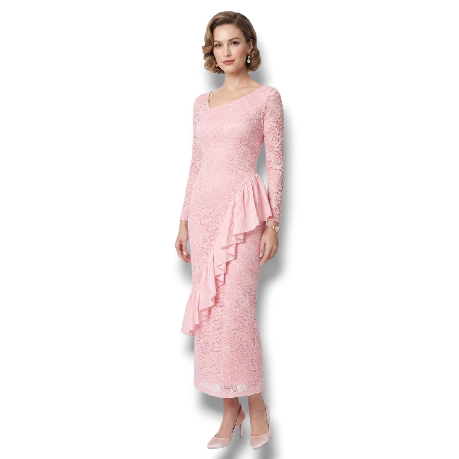 Roberta California Vintage Pink Lace Ruffle Bodycon Dress – Size 5/6