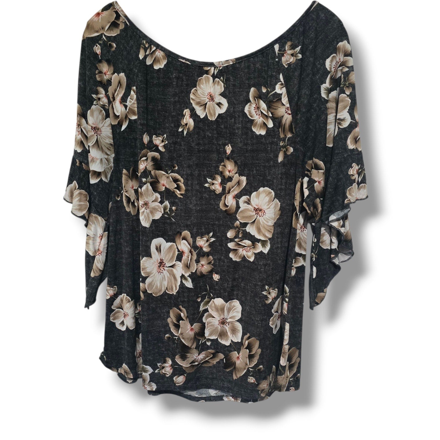 EXPRESSO Floral Flutter Sleeve Lace-Up Blouse XL – Black Beige Stretchy Top