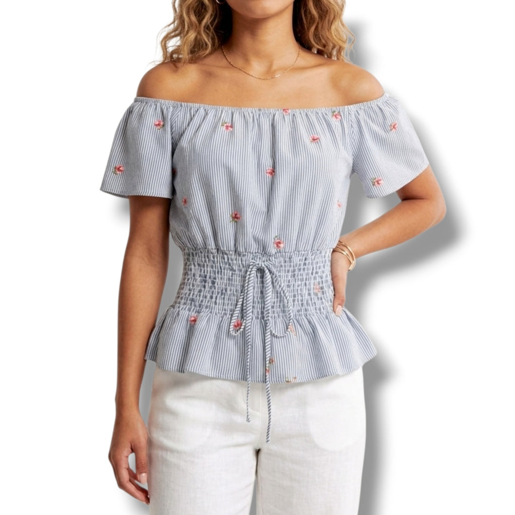 Kontrol Contemporary women's embroidery Roses & smocked tie- up waist blouse