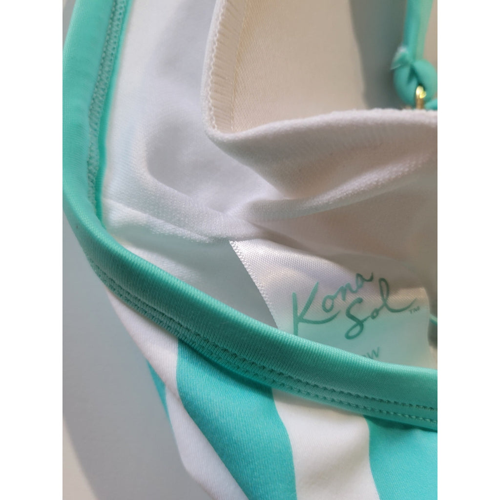 Kona Sol Women’s Teal & White Striped V-Neck One-Piece Swimsuit New