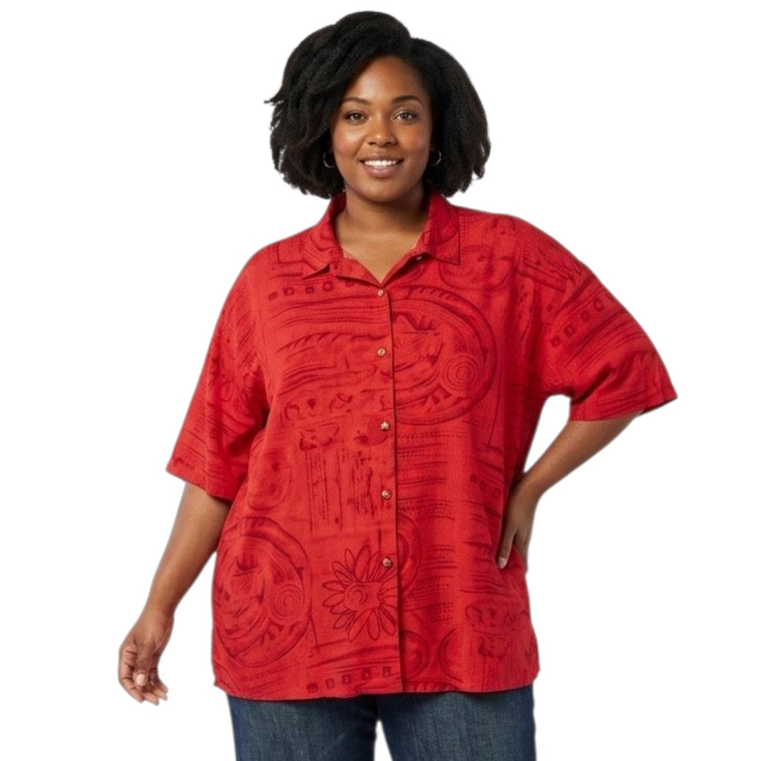 Michele Leslie of California Vintage Women’s Red Abstract Button-Up Top Size 3X