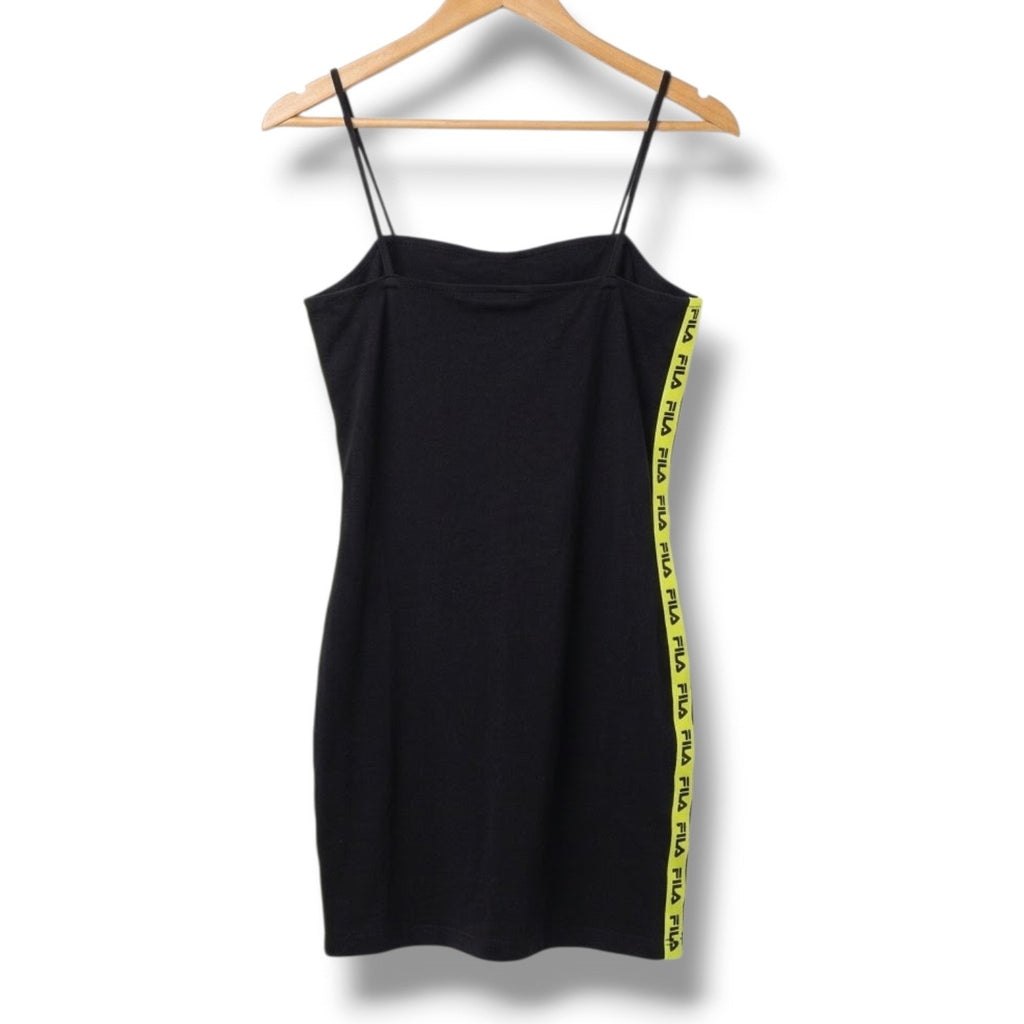 Fila Black Bodycon Cami Mini Dress Neon Lime Logo Tape Trim Women's Medium