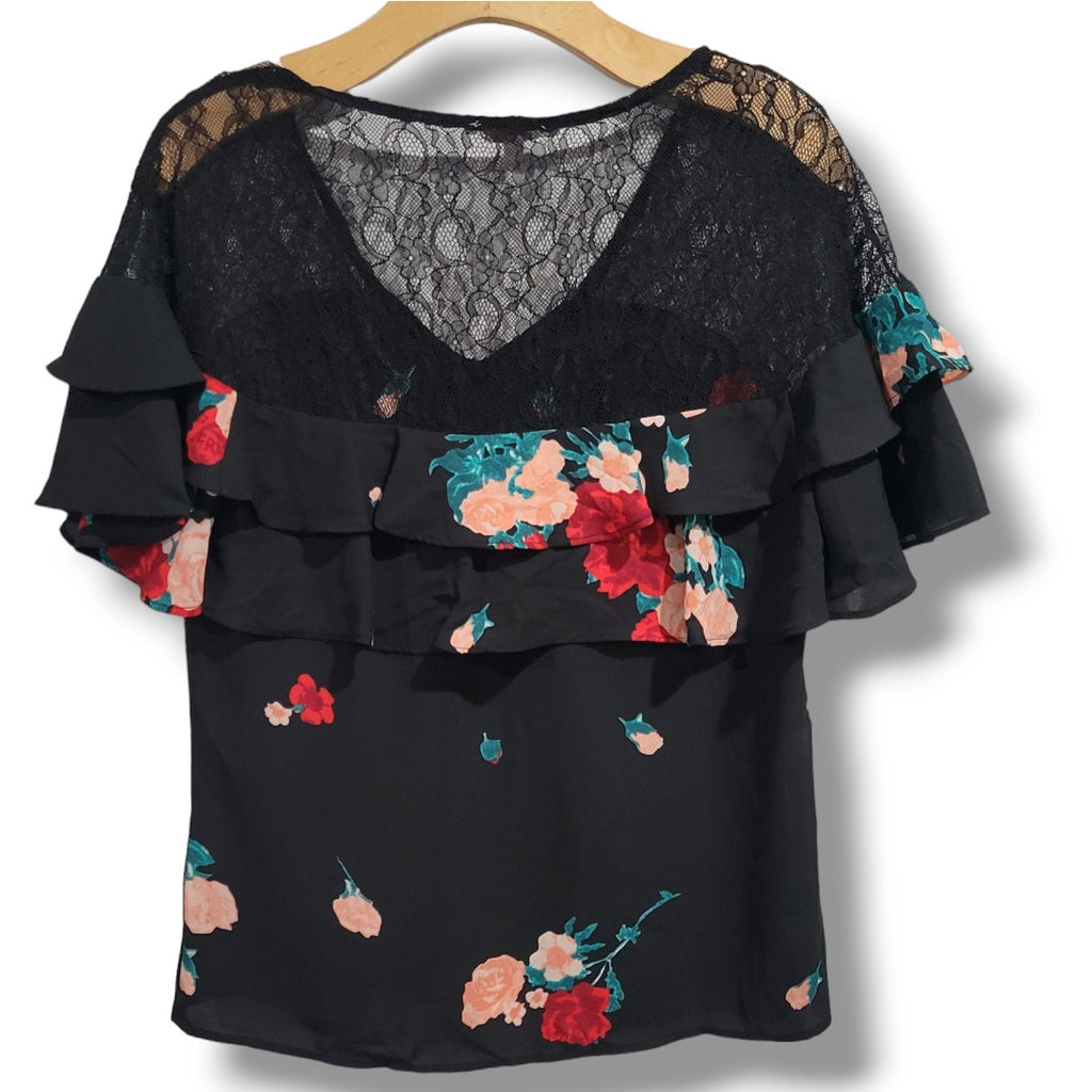 Candie’s Women’s Black Floral Ruffle Lace Blouse – Size Small, Short Sleeve