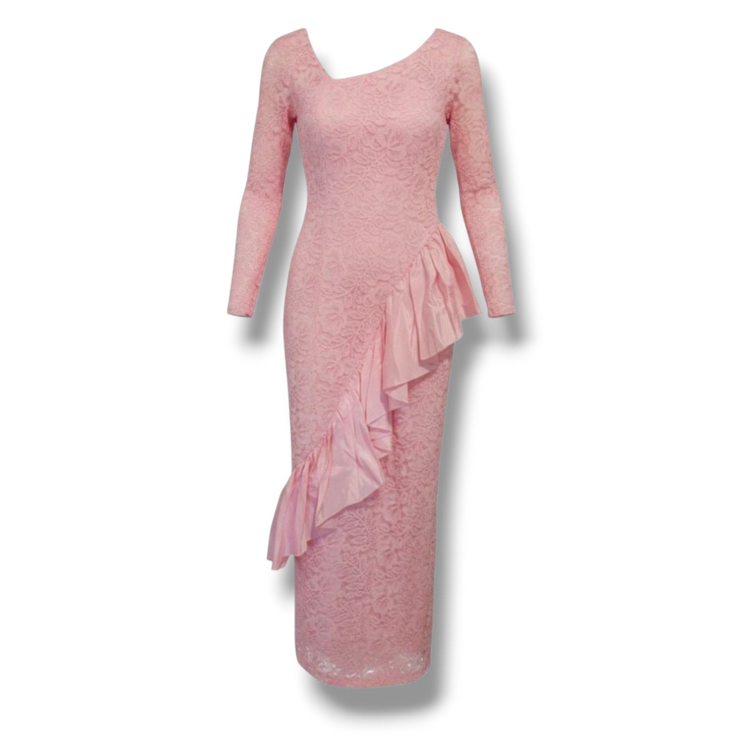 Roberta California Vintage Pink Lace Ruffle Bodycon Dress – Size 5/6
