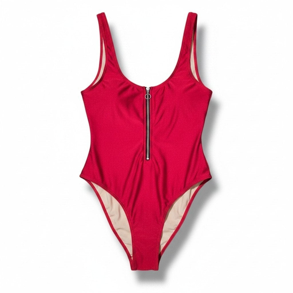 Dixperfect Women's Size Large Red Front Zipper High Cut One-Piece Swimsuit