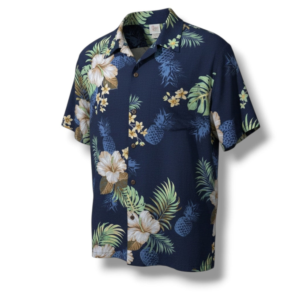 Hawaii Hangover Men’s Navy Tropical Floral Hawaiian Shirt Rayon Medium