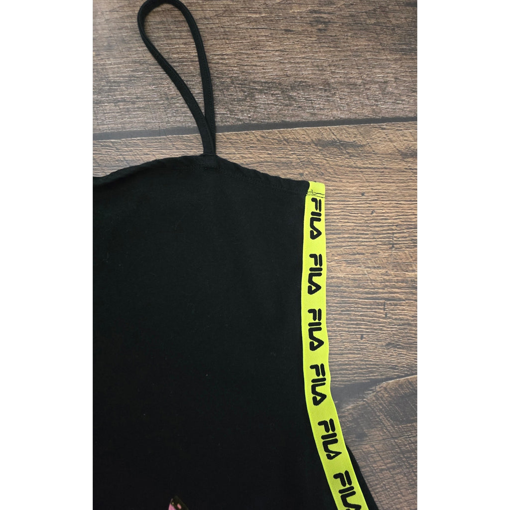 Fila Black Bodycon Cami Mini Dress Neon Lime Logo Tape Trim Women's Medium