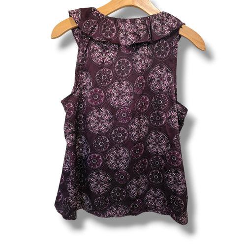 Apt. 9 Women's Tie Neck Blouse Medium Button Front Ruffle Sleeveless Plum Print