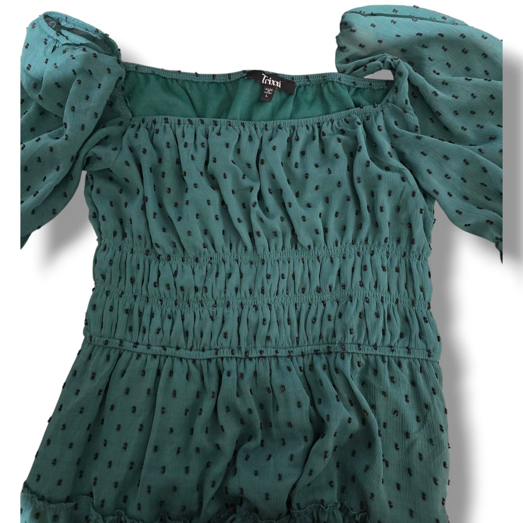Trixxi Women's Size Large Emerald Green Swiss Dot Smocked Tiered Mini Dress
