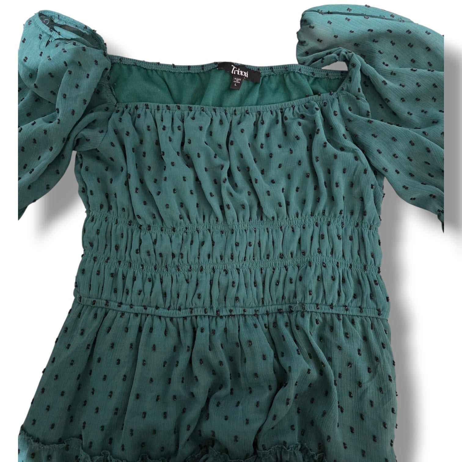 Trixxi Women's Size Large Emerald Green Swiss Dot Smocked Tiered Mini Dress
