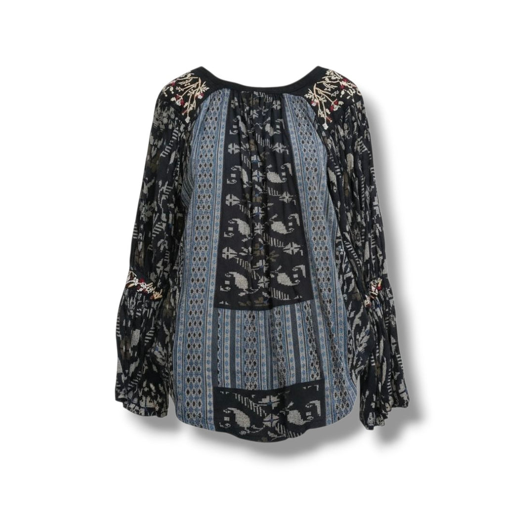 Lucky Brand Boho Embroidered Mixed-Print Peasant Blouse – Size Medium