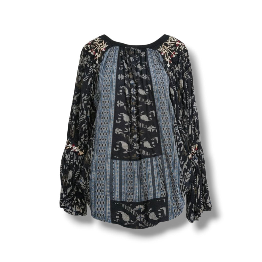 Lucky Brand Boho Embroidered Mixed-Print Peasant Blouse – Size Medium
