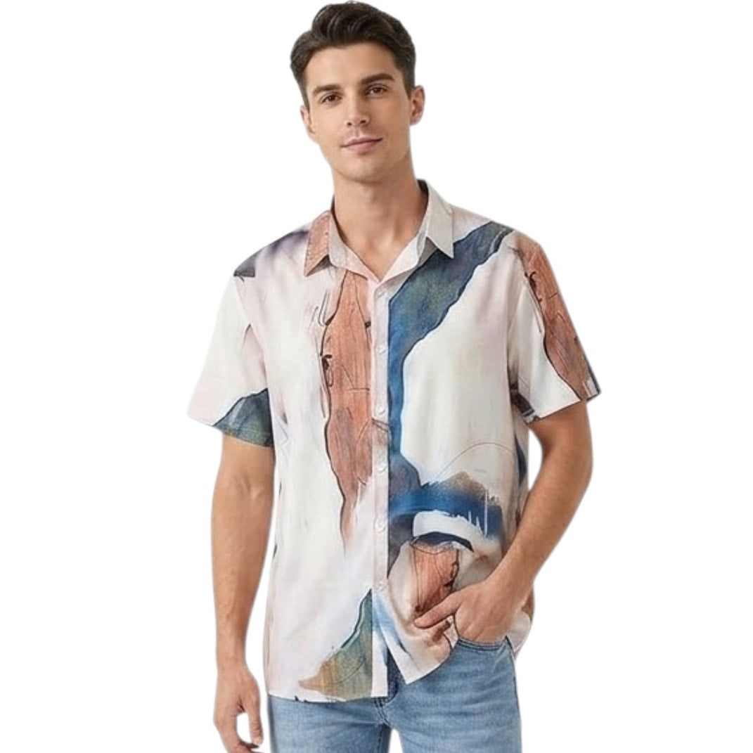 ROMWE Men’s Abstract Print Button Down Shirt Large Polyester Spandex Blend