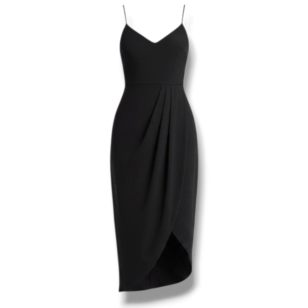 Lulus Black Tulip Hem Pleated Midi Cocktail Dress
