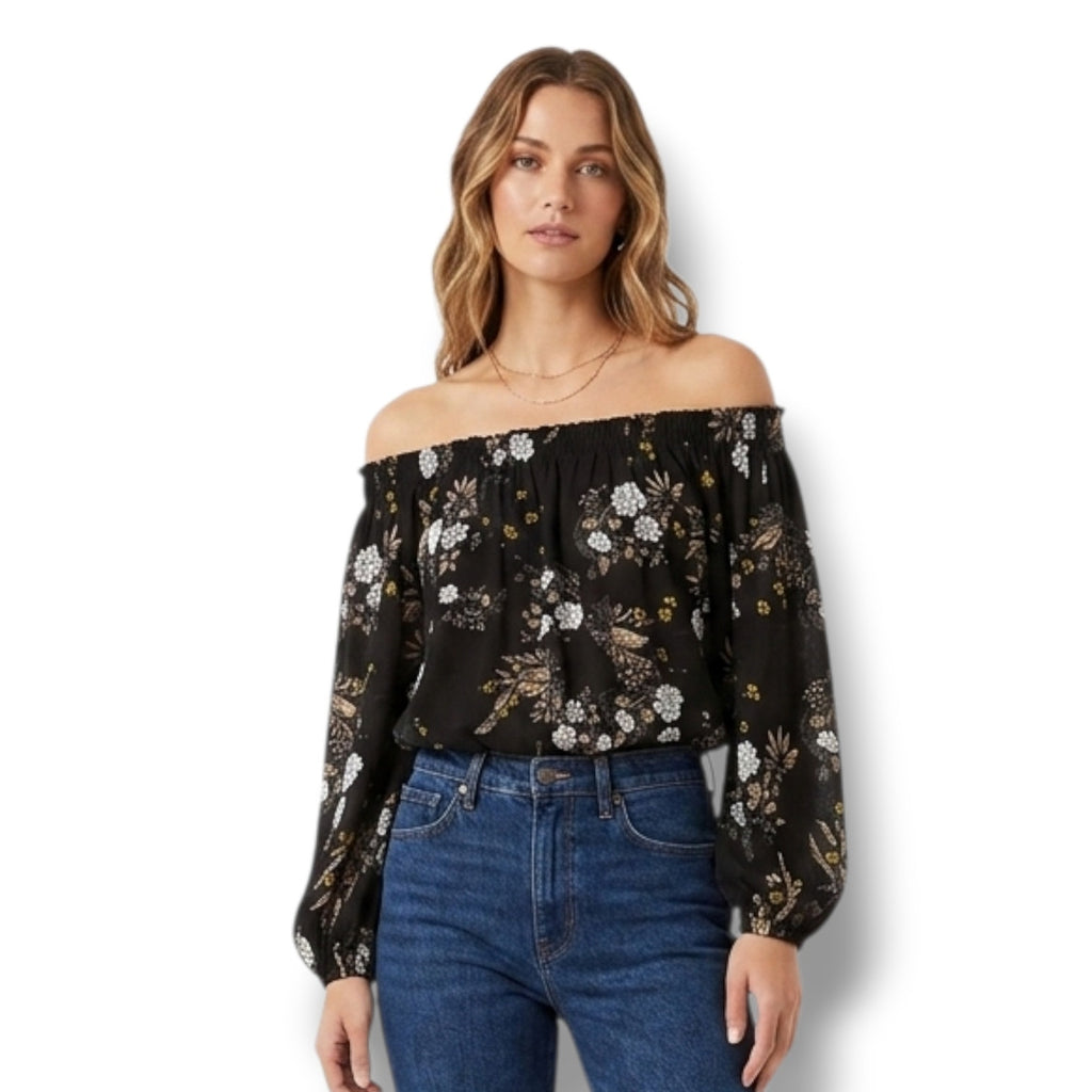 bebe women's Black Floral Off-the-Shoulder Blouse