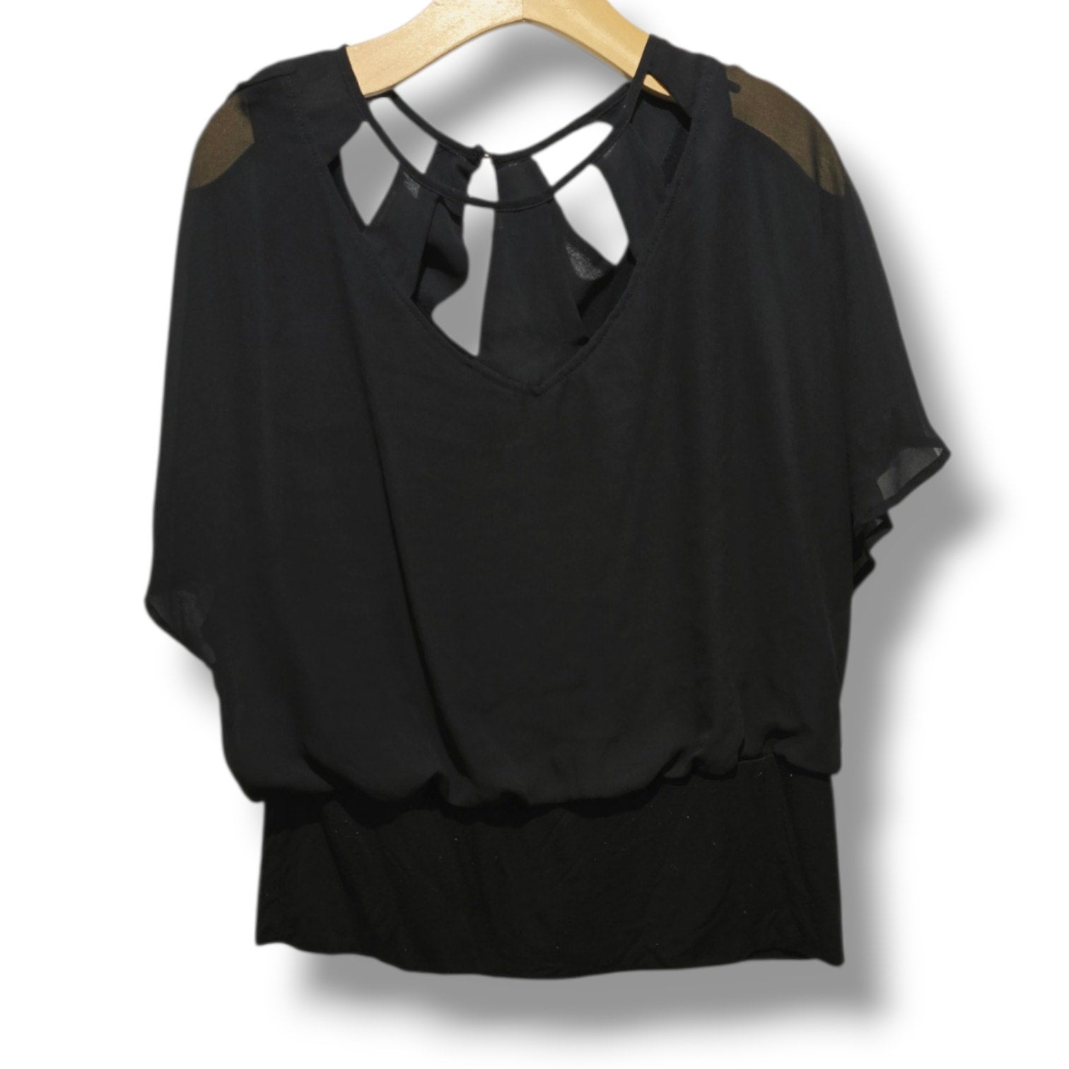 Joseph A. Women's Large Black Silk Blend Cage Neck Short Sleeve Blouse