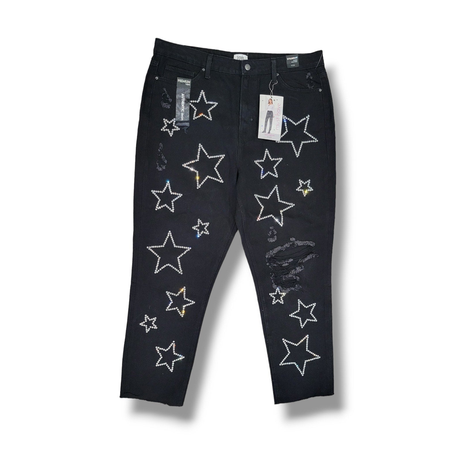 NWT Simple Society Black Rhinestone Star Jeans Juniors 17/33 High Rise Straight