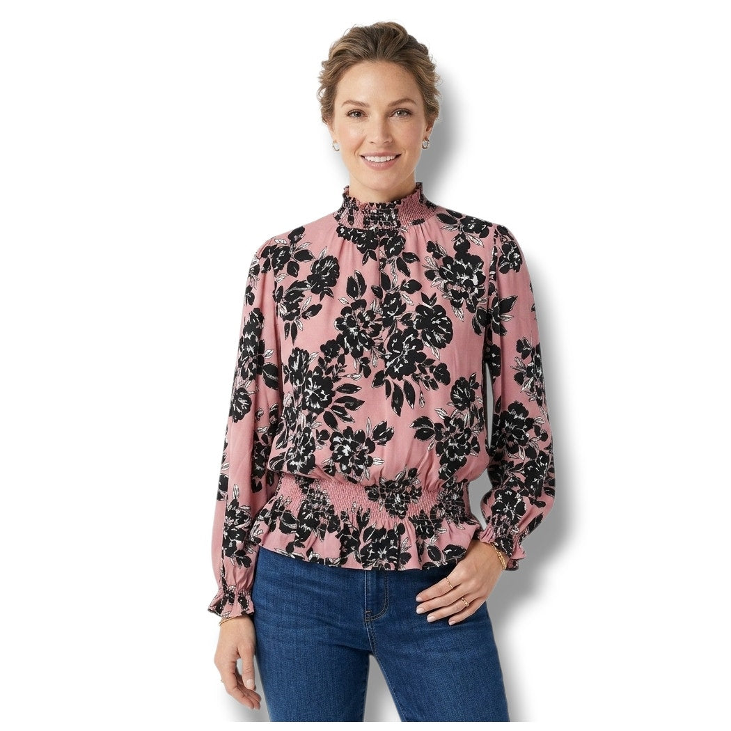 Adrienne Vittadini Pink Floral Smocked Long Sleeve Blouse – Size Large