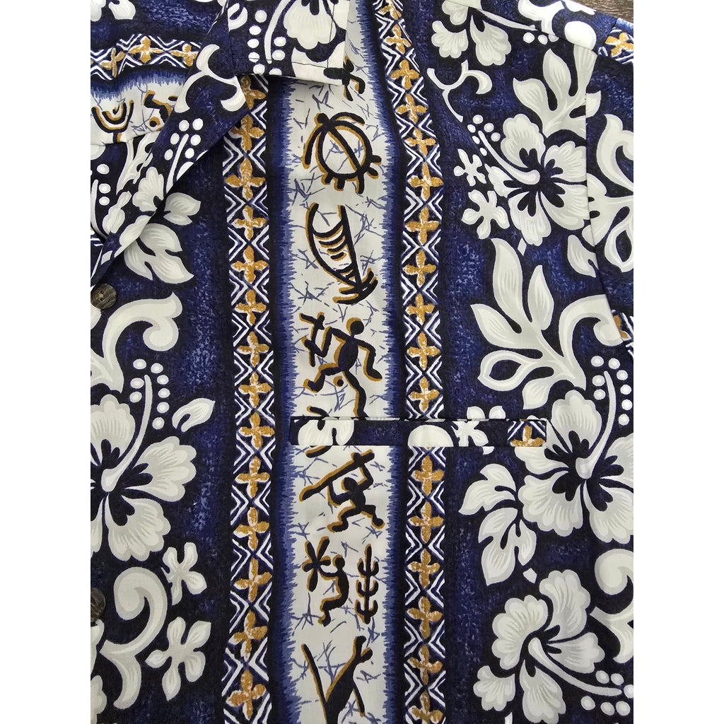 Vintage Royal Creations Hawaii Hawaiian Shirt Men XL Blue Floral Tribal Made USA