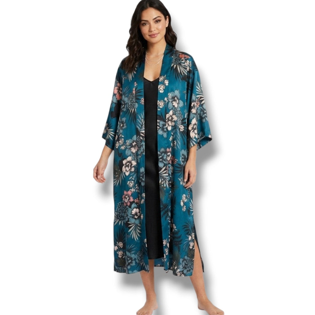 Midnight Bakery Teal Floral Satin Midi Robe Kimono – Medium/Large