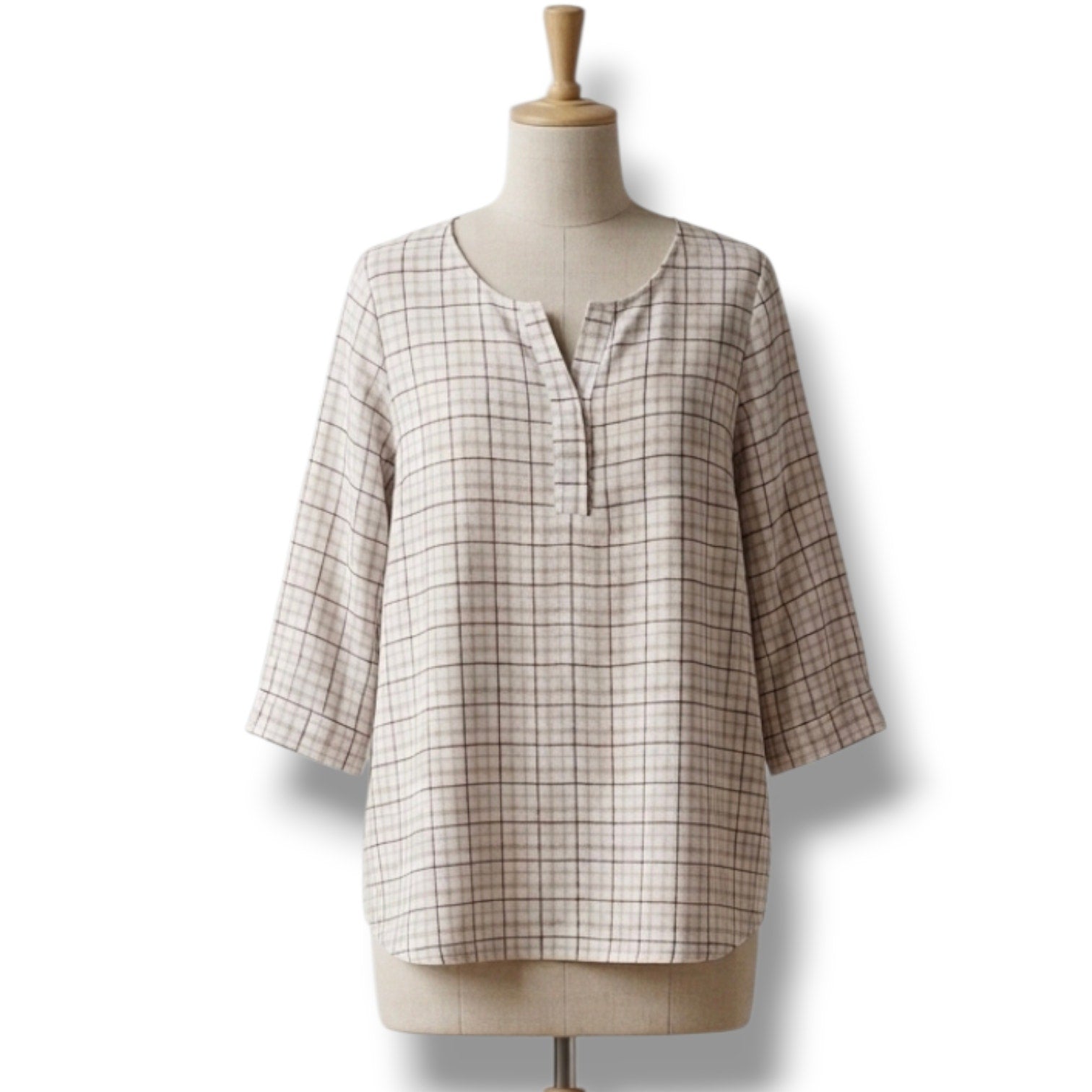 Liz Claiborne Women's Large cream Burgundy Plaid 3/4 Sleeve Blouse Top
