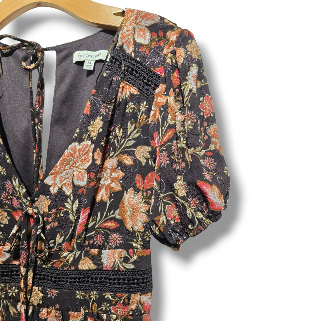 Francesca's Women's Size Medium Brown Boho Floral Puff Sleeve Mini Dress