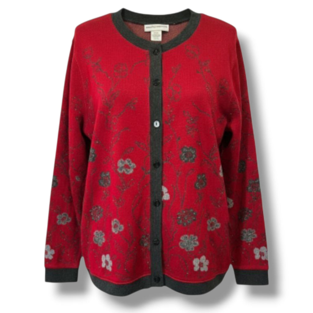 Cathy Daniels Women’s Red Floral Metallic Button-Front Cardigan Sweater – Large