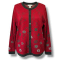 Cathy Daniels Women’s Red Floral Metallic Button-Front Cardigan Sweater – Large