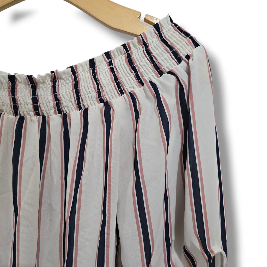 E&M Vertical Striped Off the Shoulder Tie Sleeve Blouse