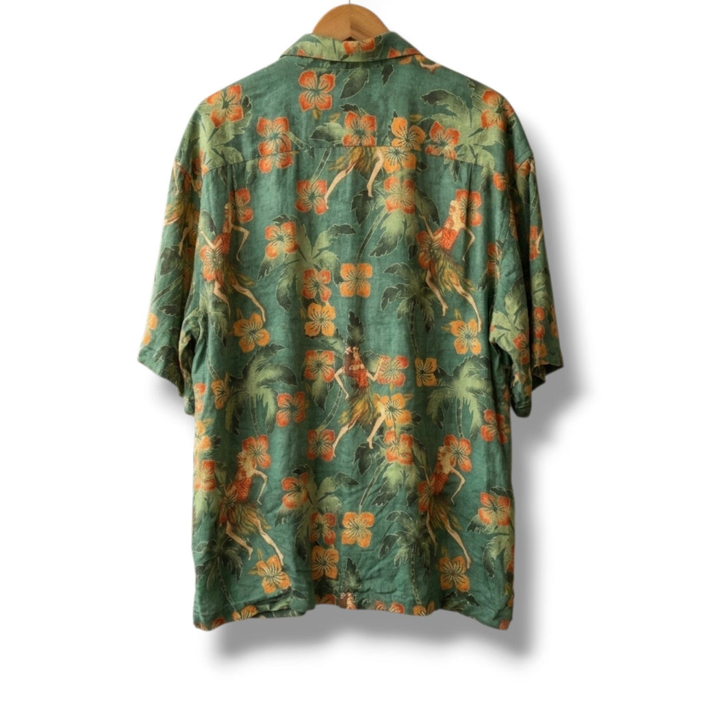 Montego Mon 100% Silk Green Hula Girl Tropical Hawaiian Camp Shirt XXL