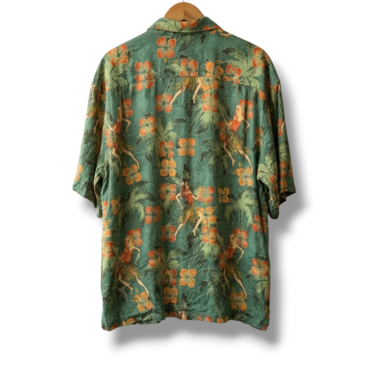 Montego Mon 100% Silk Green Hula Girl Tropical Hawaiian Camp Shirt XXL