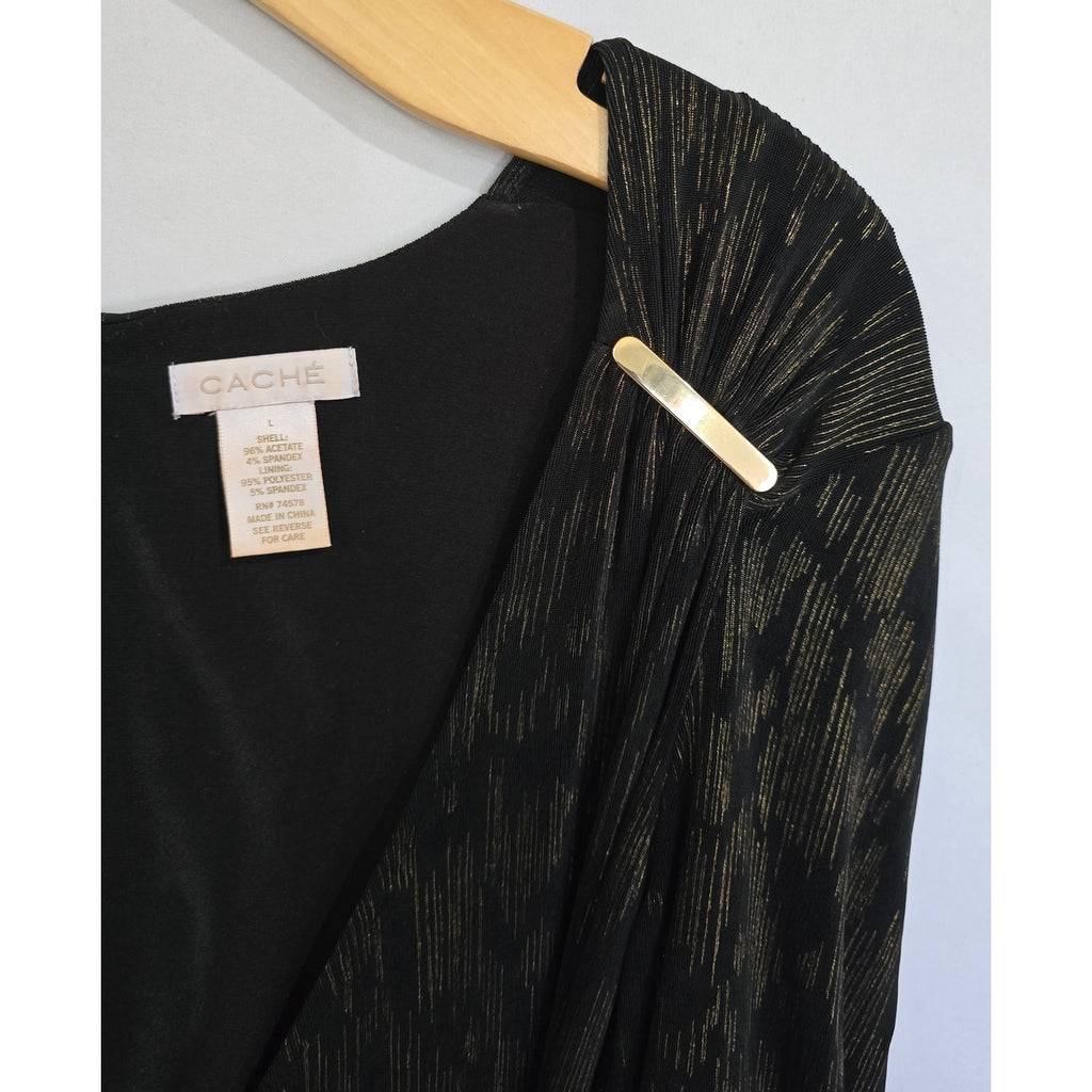Caché Black & Metallic Gold Shimmer Ruched Faux-Wrap Dress – Large