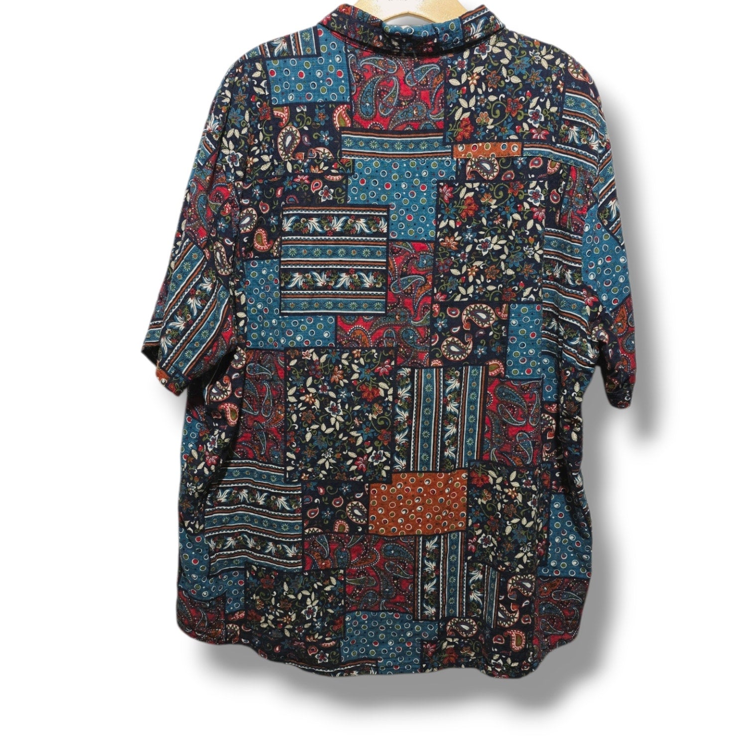VatPave Men's XL Patchwork Paisley Floral Short Sleeve Button Down Shirt