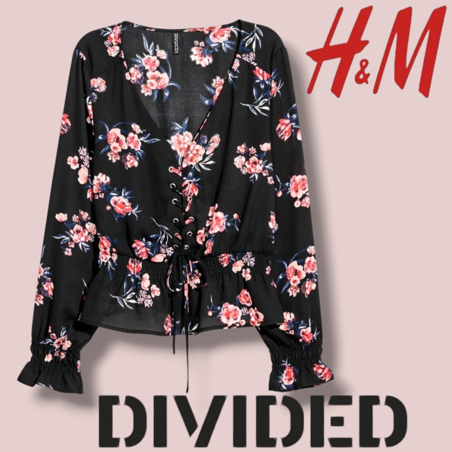 Divided by H&M Black Floral Lace-Up Smocked Blouse – Size 4 gently used