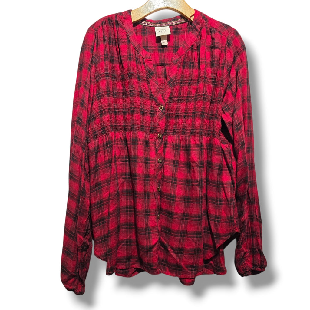 Knox Rose Women's & Black Plaid Smocked Babydoll Blouse - large