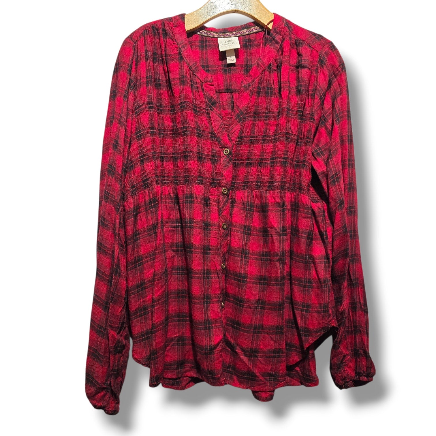 Knox Rose Women's & Black Plaid Smocked Babydoll Blouse - large