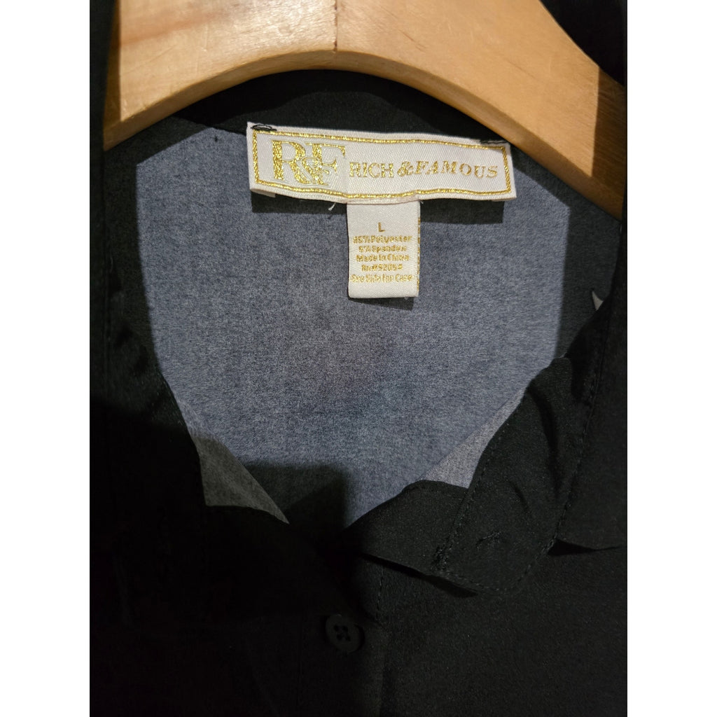 Rich & Famous Black Floral Button-Front Tie Hem Top – Size Large