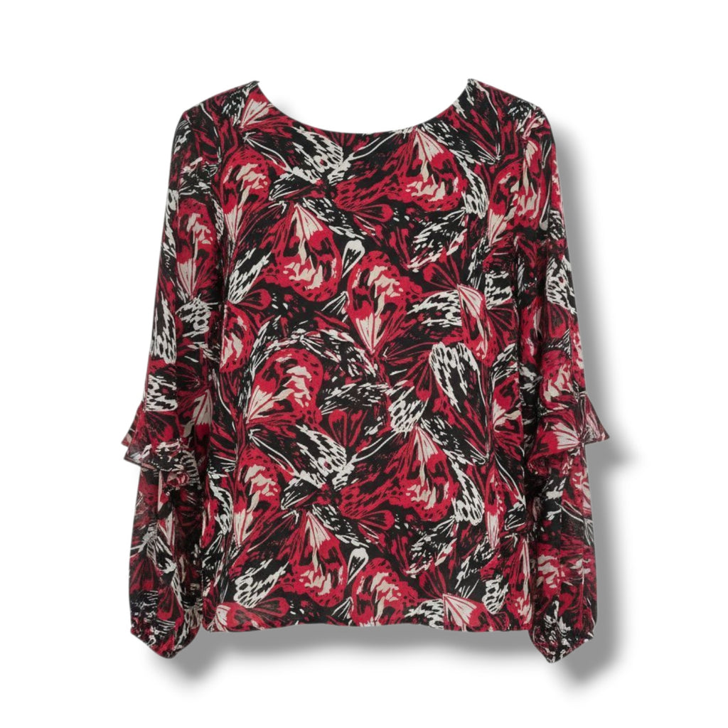 Alfani Women’s Red Black Abstract Print Long Sleeve Ruffle Blouse – Size Large