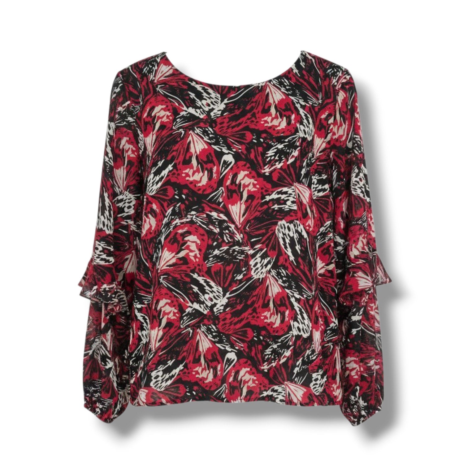Alfani Women’s Red Black Abstract Print Long Sleeve Ruffle Blouse – Size Large