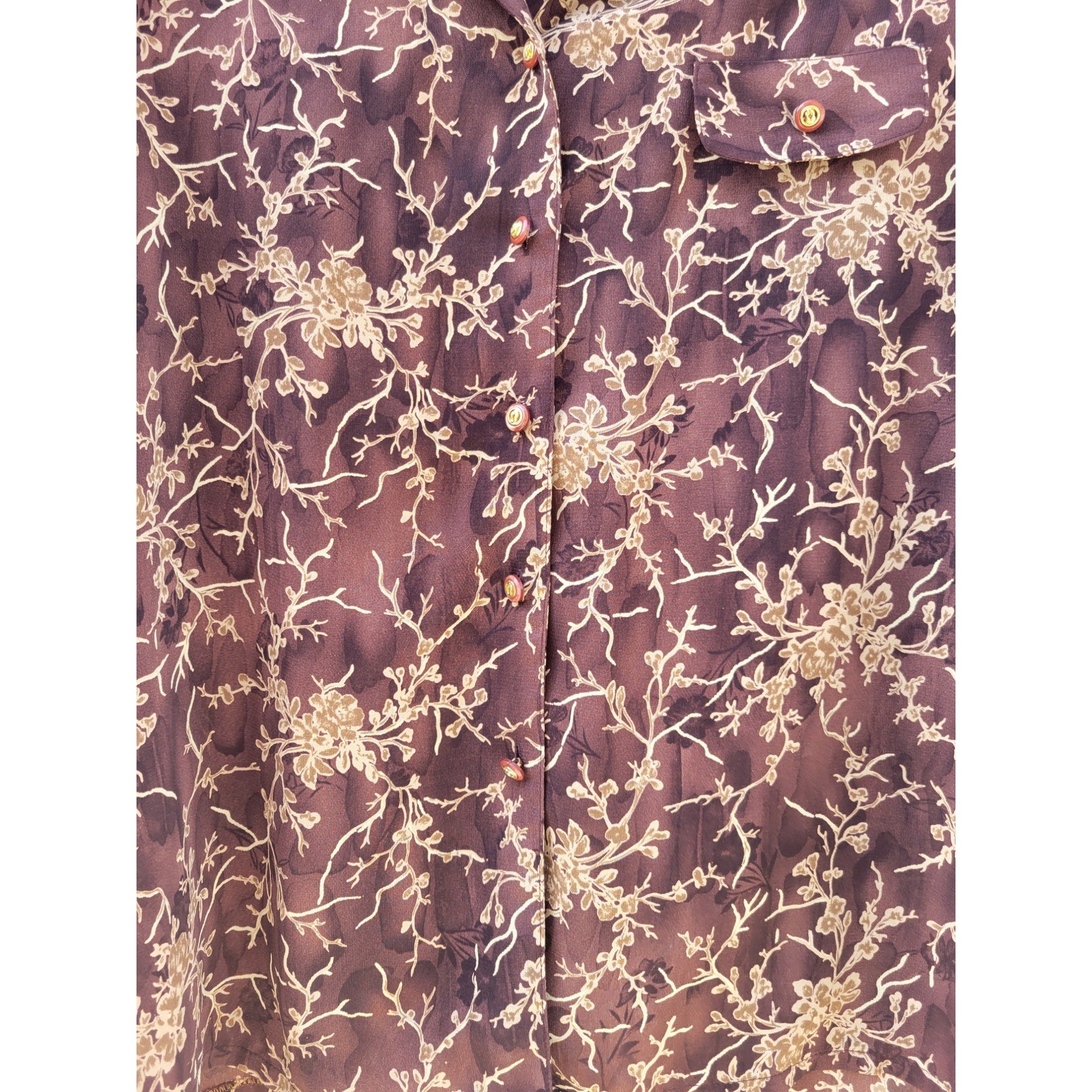 Ryh Shin Brown Floral Button-Down Blouse – Medium, Vintage Style, Pre-Owned