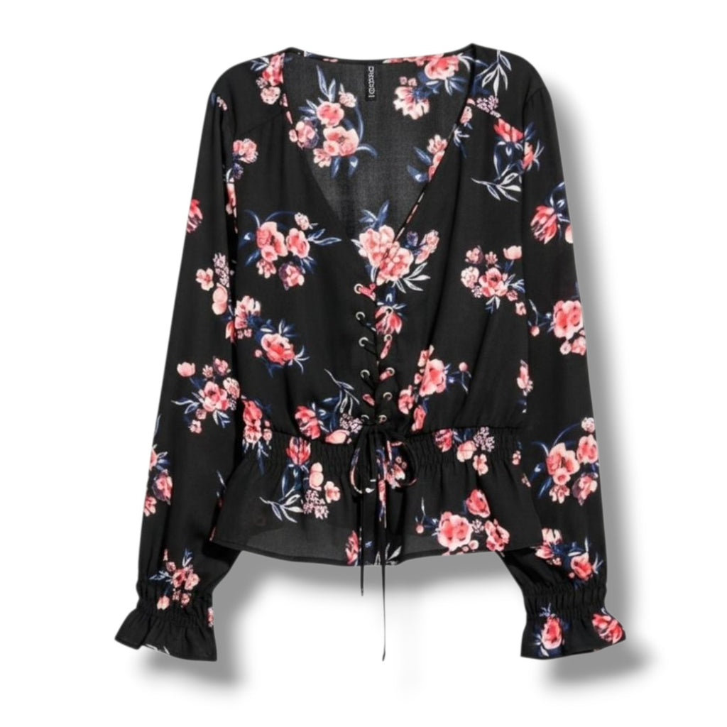 Divided by H&M Black Floral Lace-Up Smocked Blouse – Size 4 gently used